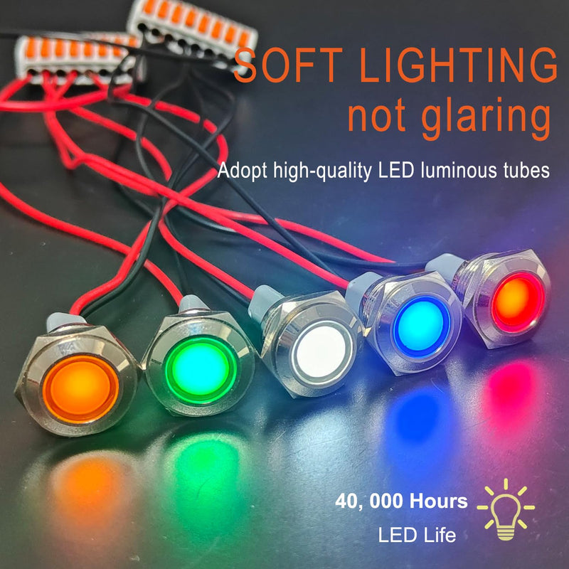 2PCS 16mm Metal Indicator Light Mounting Hole 5/8", 110-220VAC 20mA Waterproof IP67 Single lamp LED Pilot Lamp Flat Head with 20cm/7.87in. Wire for Car Truck Boat(Red LED) Red 110-220V 16mm