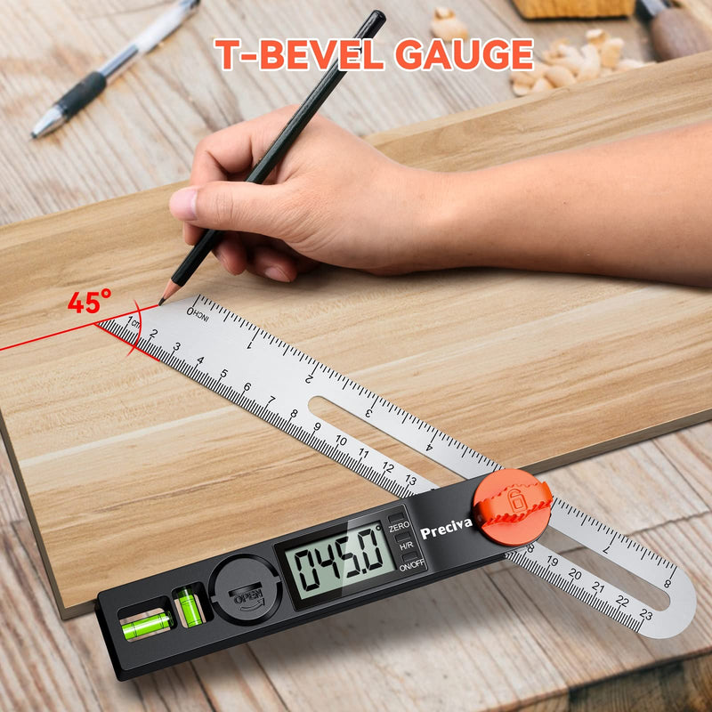 Preciva T-Bevel Gauge & Protractor with Horizontal and Vertical Bubble,0-338° Digital Angle Finder Protractor 230mm/8inch Display for Carpentry Woodworking, Metalworking, Construction Alloy Steel