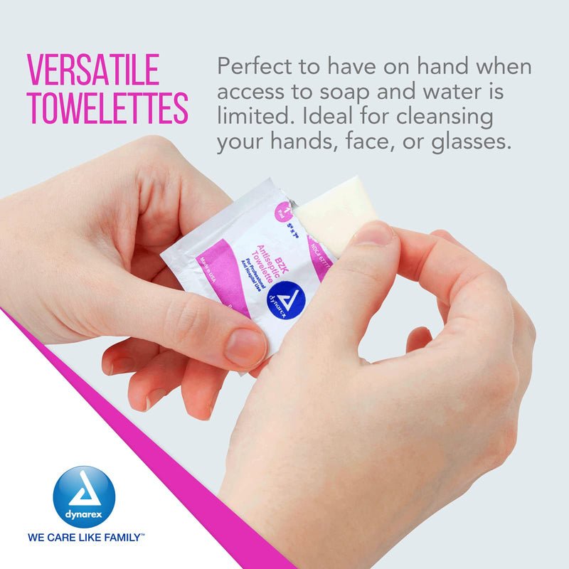 Dynarex BZK Antiseptic Towelettes, Moist Sanitizing Towelettes Designed to Help Clean Minor Wounds, 5" x 7", Disposable & Individually Wrapped, 1 Box of 100