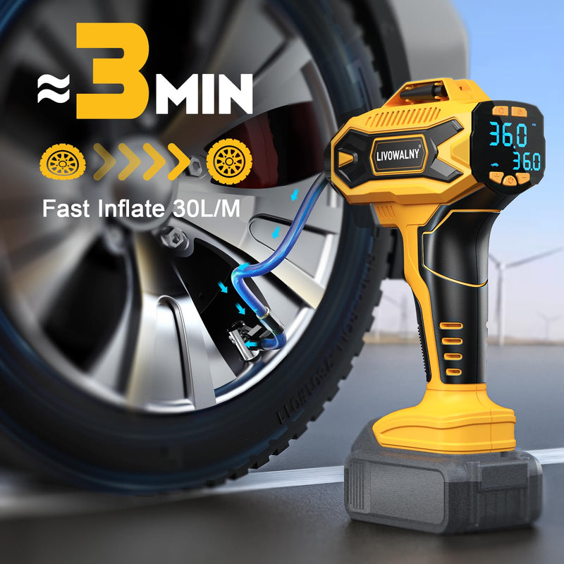 Tire Inflator Air Compressor Compatible with Dewalt 20V Battery, LIVOWALNY 160 PSI Cordless Portable Electric Air Pump 2026 Bigger LCD Digital Pressure Gauge for Car, Bike, Sport Ball (Tool Only) Standing Style Compatible With Dewalt