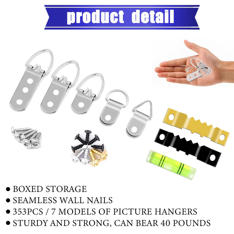 353PCS Picture Hanging Kit,Picture Hangers Heavy Duty Picture Hanging Hooks with Screws,Picture Frame Hooks Heavy Duty Picture Framing Supplies Kit for Picture Hanging(7 Types) Type C