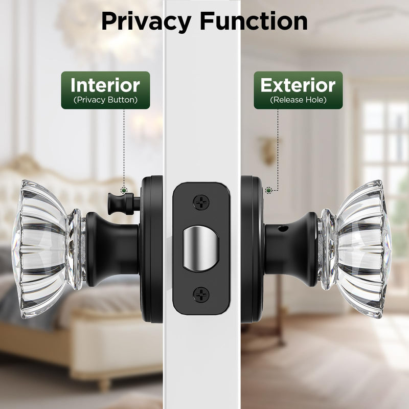 1 Pack Crystal Door Knob, Rosette Shaped Glass Door Knobs Interior with Lock, Matte Black Door Knobs Interior Glass 1