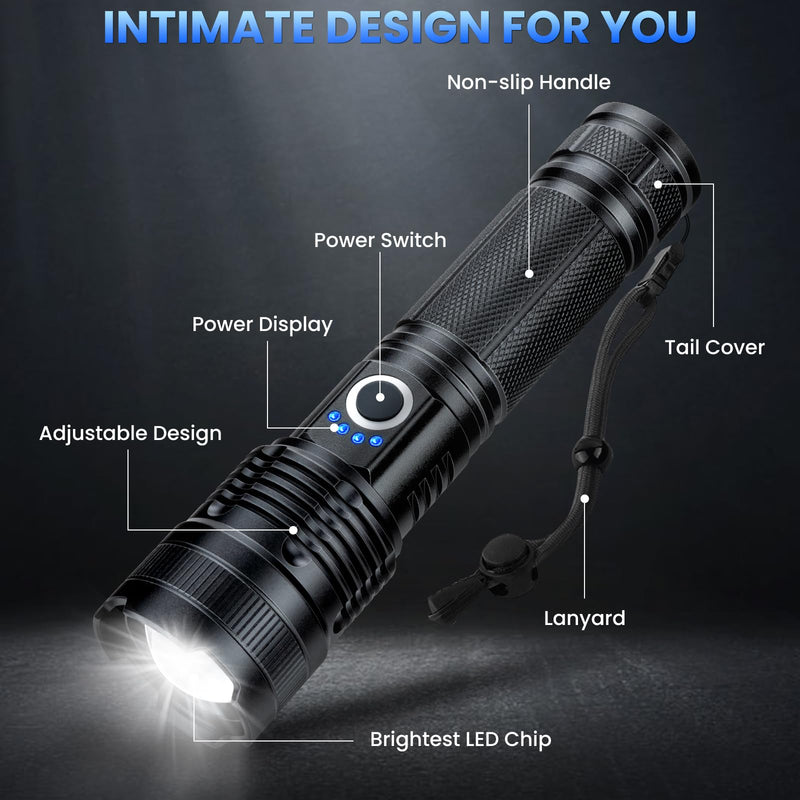 Rechargeable LED Flashlights High Lumens, 99,000 Lumens Super Bright Flashlight, Adjustable Handheld Flashlight with 5 Modes, Brightest Waterproof Flash Light for Home Camping(2 Packs) 2