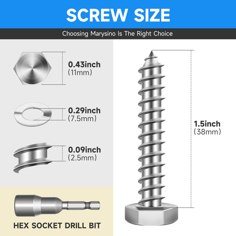 (20-Set) 1/4 x 1-1/2" Lag Screws for Wood, Stainless Steel Heavy Duty Hex Head Lag Bolts, ASME B18.2.1 Commercial/Industrial Grade Mounting Screws Bolts Kit by Marysino 1/4 x 1-1/2" Silver