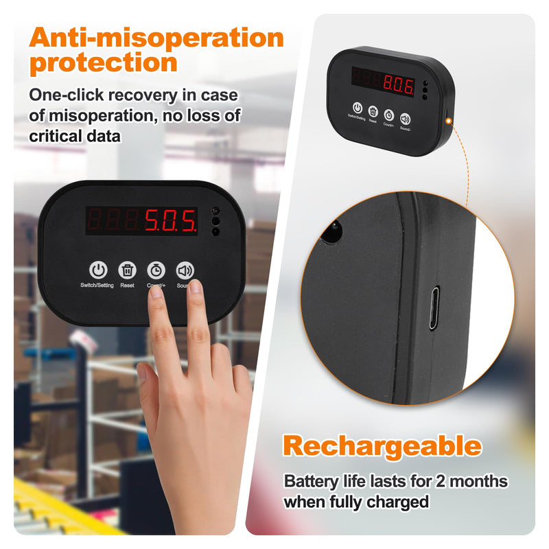 JIAWANSHUN Wireless LED Digital Counter, 999999 Piece Count,Rechargeable Infrared Counter with 19.5 Inch Sensor Distance, Preset Alarm, Daily/Cumulative Count for Conveyor & Gym