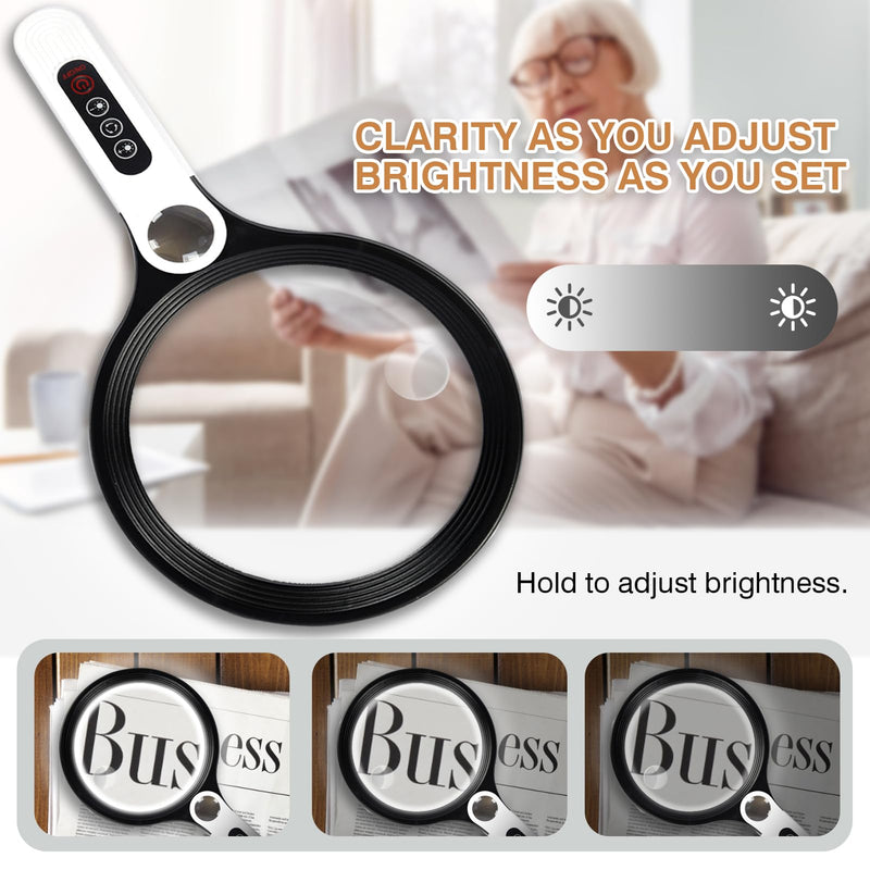 Large Magnifying Glass with Light, Ebbnivs Handheld Magnifying Glasses Magnifier with 5 Light Modes & 10 Level Brightness Gift for Elderly Reading Close Work Hobby