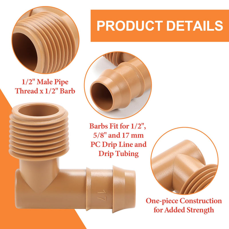 12 Pieces 1/2 Inch PVC to 1/2 Inch Drip Irrigation Adapter Fittings, 1/2" Male Pipe Thread(MPT) x 1/2" Drip Line Barbed Elbow Connectors 1/2-in PVC to 1/2-in Poly Tubing Adapter