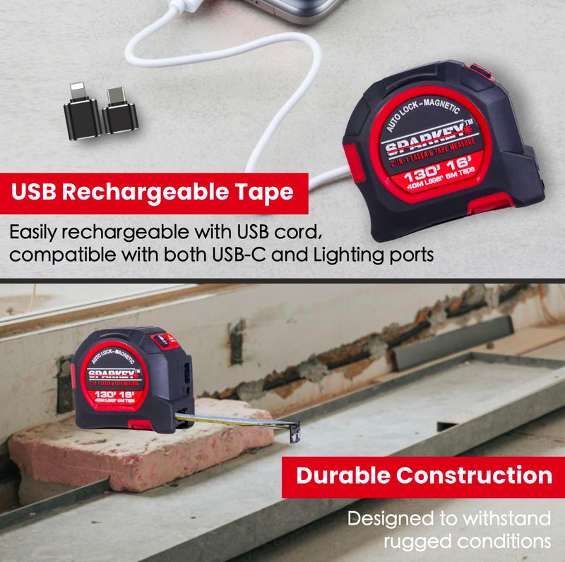 SPARKEY 2-in-1 Laser Tape Measure, 130Ft Laser Distance Measurement, Area/Volume & 16Ft Tape Measuring, Magnetic Hook, USB Rechargeable, Auto Lock, M/Ft/in/Ft+in, LCD Display. 0.5 m Laser Tape Measure 2 in 1