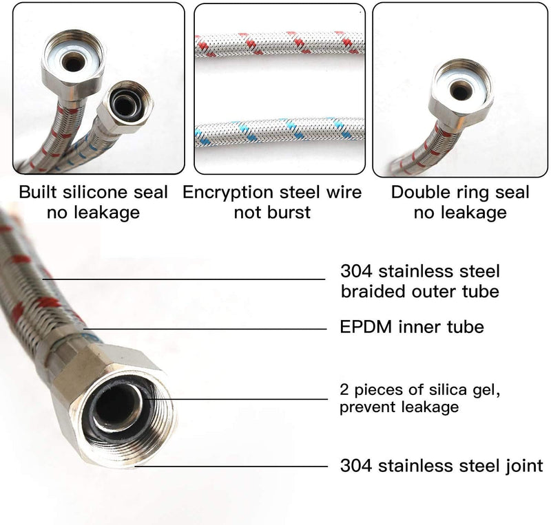 Homevacious 32-Inch Length Faucet Connector, Braided Stainless Steel - 3/8" Female Compression Thread x 1/2" I.P. Female Straight Thread, x 2 Pcs (1 Pair) 32 Inch