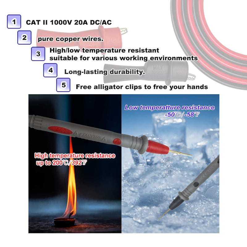 2 Pack Eiranoly Professional Multimeter Test Leads 1000V 20A, Test Leads Kit, Ultra-Sharp Gold-Plated Probes, Silicone Meter Leads for Fluke, AstroAI, Klein Multimeter & Automotive Testing (Upgraded) 2