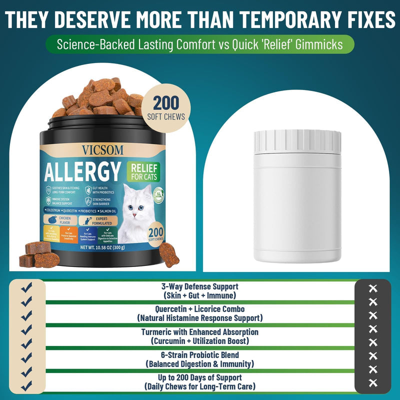 Cat Allergy Relief for Cats, 200 Cat Itchy Skin Allergy Relief Chews for Immune Support & Seasonal Allergies, Anti-Itch Relief for Cats Paws, Eyes, Ears, Stop Licking & Scratching, Chicken Flavor