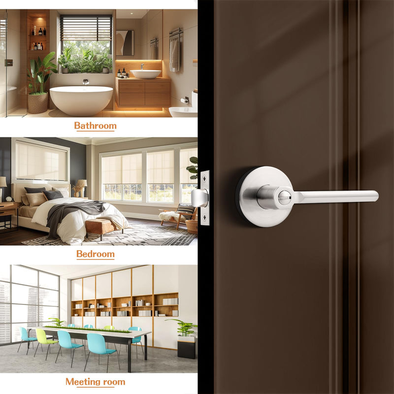 Probrico Privacy Door Handles for Bedroom and Bathroom Satin Nickel Privacy Door Handle Lever, Keyless Interior Door Handles Bed Bath Door Lockset, 3 Pack