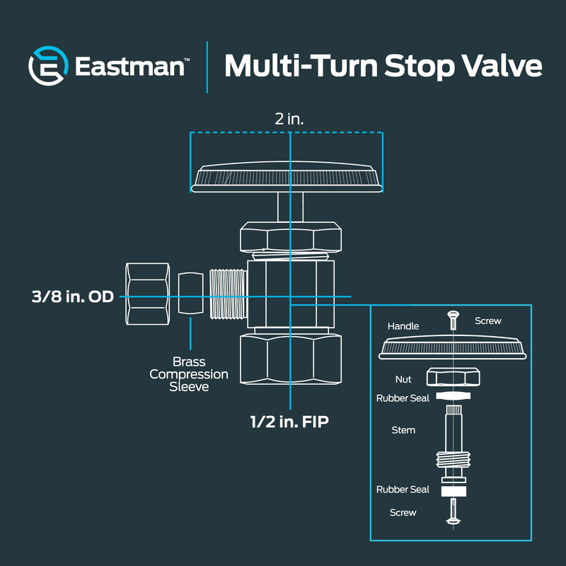 Eastman 1/2 Inch FIP x 3/8 Inch OD Compression Multi-Turn Angle Stop Valve with Brass Stem, Brass Plumbing Fittings, Chrome, 10809LF 1 Count (Pack of 1)