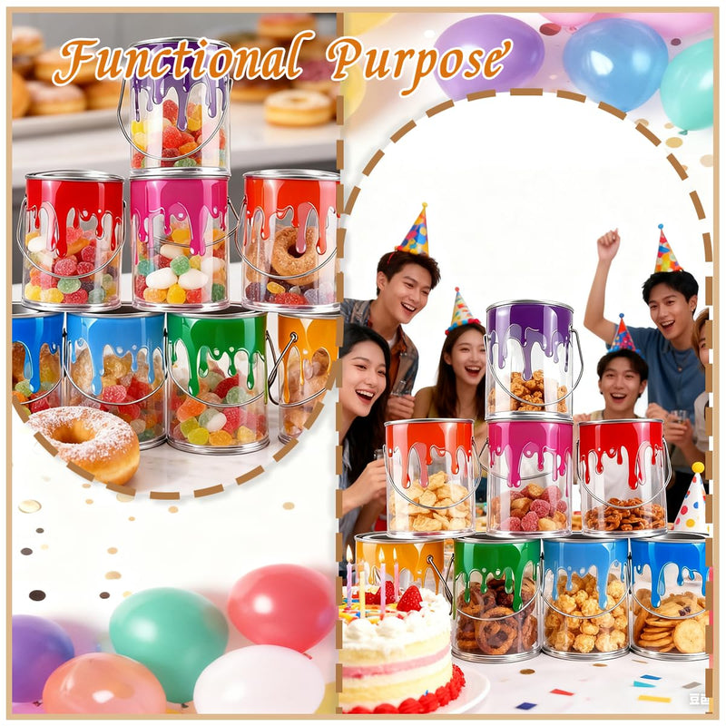 24 Pcs Plastic Empty Paint Cans Buckets with Metal Lids,PVC Mini Paint Bucket Craft DIY Candy Decoration for Parties,Candy,Picnics and Decorations（2.75" L x 2.75" W x 3.54" H）