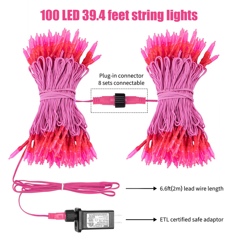 Pink Mini Christmas Lights - 39 Feet 100 LED Fairy String Lights with 8 Lighting Modes Waterproof Connectable for Indoor Outdoor Xmas Tree Garland Wreath Holiday Valentine's Day Decoration Pink 100 LEDs