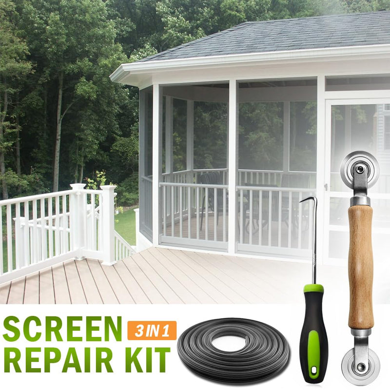 Window Screen Repair Kit, 32ft Screen Spline, Steel Screen Roller Tool, Spline Removal Pick, 3 in 1 Screen Repair Kit for Installing Door and Window Screens Steel Roller+32ft Spline+Pick