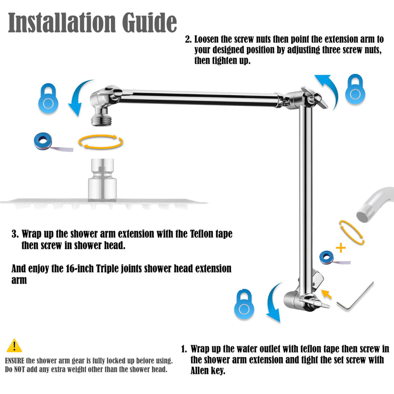 16 inch Dual Extension Extra Long Adjustable Shower Head Extension Arm With Locking Set Screw, Singing Rain Brass Angle Height Adjustable, G1/2 Universal Connector Compatible (Chrome Finish) Chrome