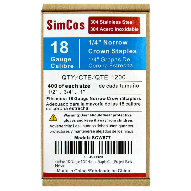18 Gauge 1/4" Narrow Crown (1", 3/4", 1/2"), Assorted 1200 Counts for 18 GA Pneumatic or Electric Stapler or Staple Gun,Project Pack (304 Stainless Steel)
