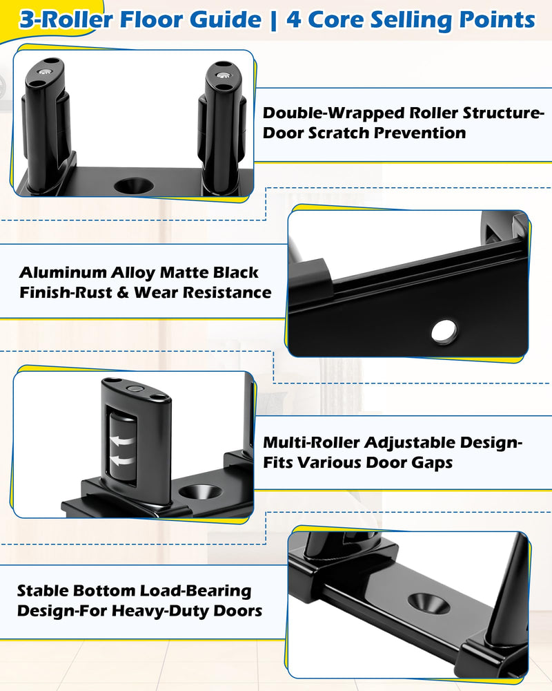 3-Roller Adjustable Sliding Closet Door Floor Guide Upgrade Kit (2 Pack), Black Bottom Mount for Bypass, Double Bypass & Barn Doors 3-Roller Guide - 2 Pack