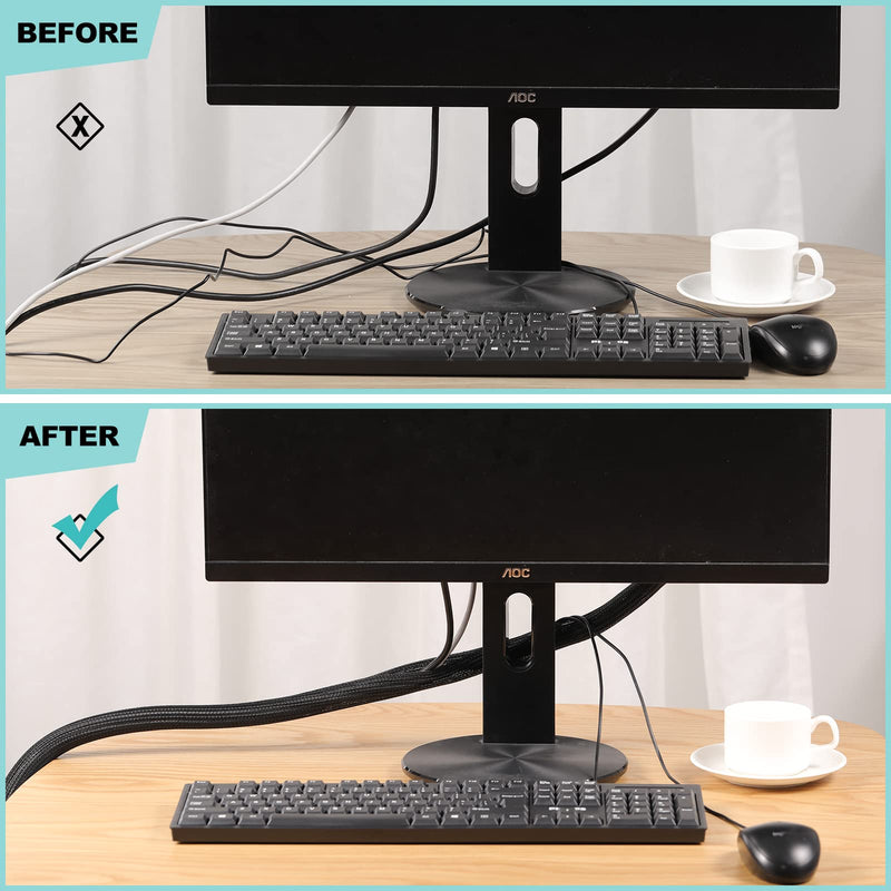 AGPTEK Cable Sleeve Cover, 2 Pack 5ft - 1.2 inch Cord Management Wire Organizer Under Desk, Home Office Computer Wire Cover Hider Cord Protector, Protect Cables from Pet Cat Dog Chewing, Black 1.2"-10ft