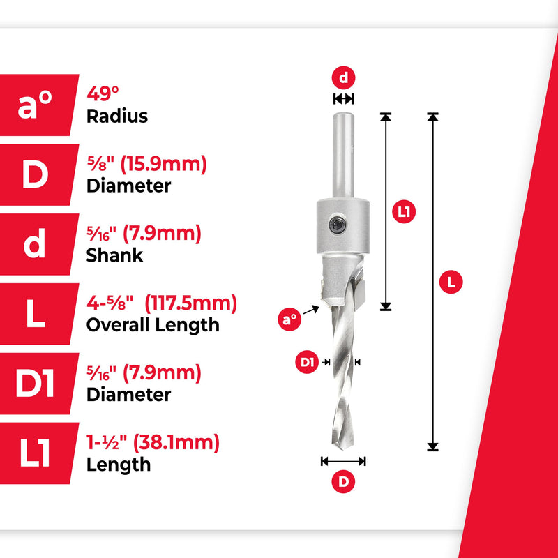 Amana Tool Carbide Tipped 82 Degree Shankless Countersink with Slow Spiral Drill, 55130, 20 Screw, 5/8 D x 5/16 Diameter x 5/16 Shank