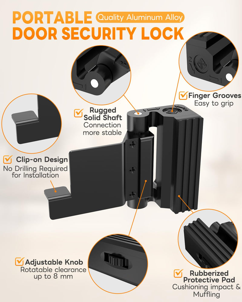 Portable Door Reinforcement Lock for Travel & Home, No Screws Instant Install Safety Lock for Inward Swing Front Door, Hotel, Apartment - Extra Latch from Inside Withstand 800lbs (Black-3PCS) Black-3PCS