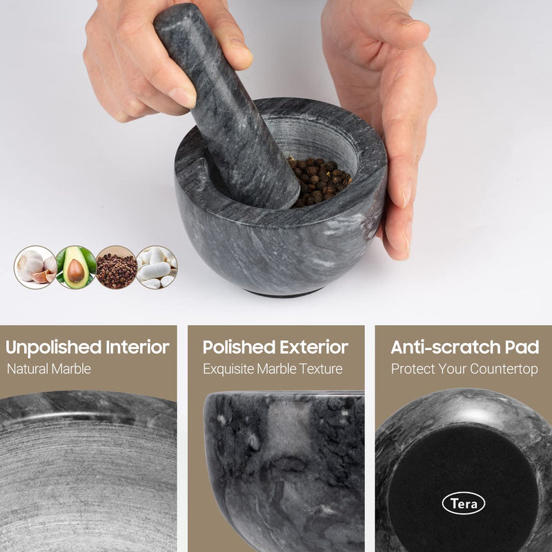 Tera Mortar and Pestle Set Natural Marble Grinder Spice Herb Grinder Pill Crusher Black 3.9in CY0271