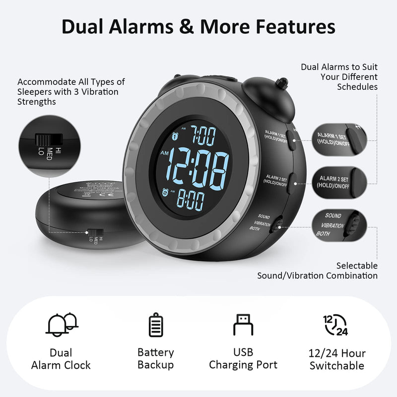 uscce Loud Dual Alarm Clock with Bed Shaker - 0-100% Dimmer, Vibrating Alarm Clock for Heavy Sleepers or Hearing Impaired, Easy to Set, USB Charging Port, Snooze, Battery Backup Black