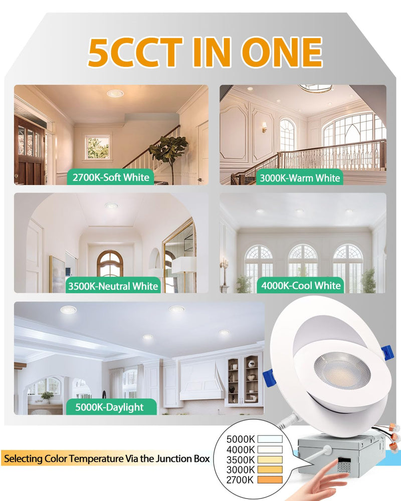 zouzai 6 Inch Gimbal LED Recessed Lights, White, 1 Pack, with Junction Box, 360°+ 90° Adjustable, 5CCT 2700K-5000K, Dimmable, Canless Eyeball Downlight, CRI90+, 1700LM 15W 120V, ETL White-6 inch