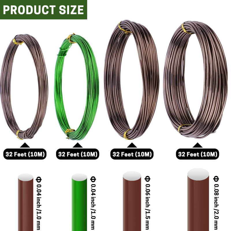 Bonsai Training Wire Set of 4 - Total 128 Feet(32 Feet Each Size) 3 Size - 1.0MM,1.5MM,2.0MM - Corrosion and Rust Resistant (with Bonsai Wire Cutter) Brown(with Bonsai Wire Cutter)