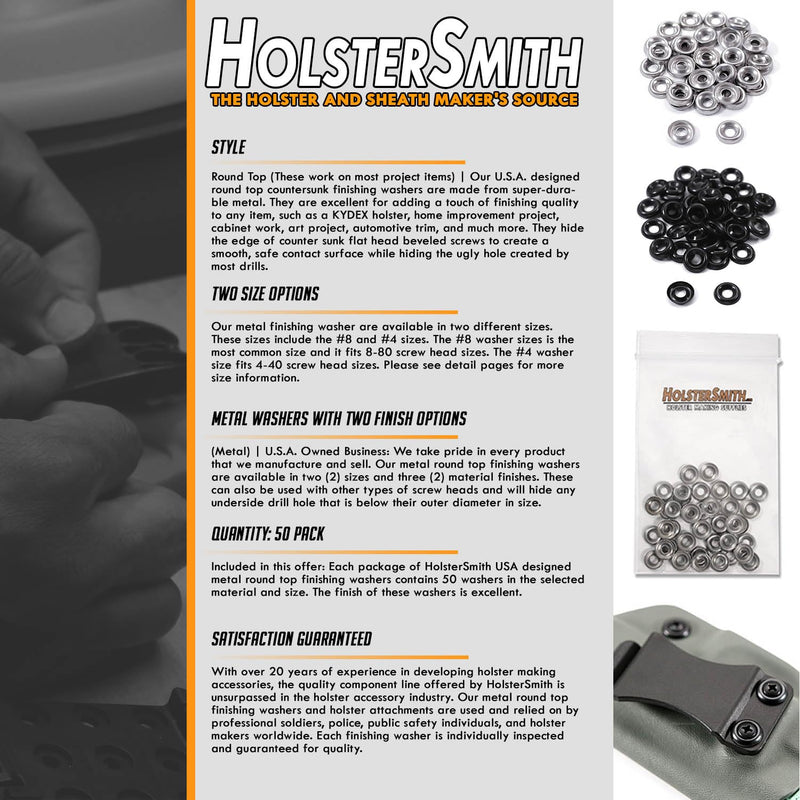 HolsterSmith Finishing Washers - #8 - (0.530 Dia.) - Metal - Countersunk - Round Top - for Holster Making, Home Improvement, Hobby - USA Design - (Black) - (50 Pack) #8 (0.530 in.) Black