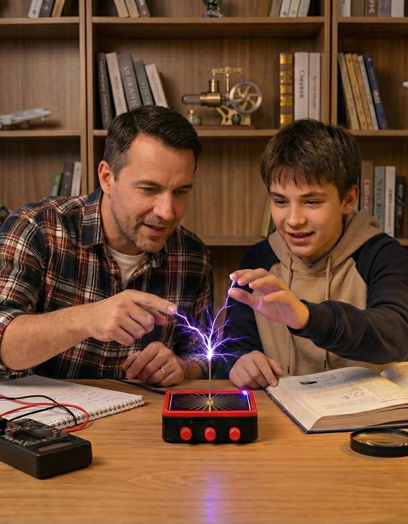 WARDENCLYFFE Tesla Coil 10MINI Red Compact Classic Tesla Coil, Dual-Knob Control, 10 cm(3.9 inches) Arc, High-Voltage Arc Display Top Red Border