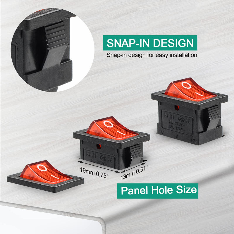 QTEATAK KCD1 SPST On/Off 3-Pin 2-Position Snap DC 12V-24V 20A Red LED Boat Rocker Toggle Switch - 5Pack (Only for DC12-24V)