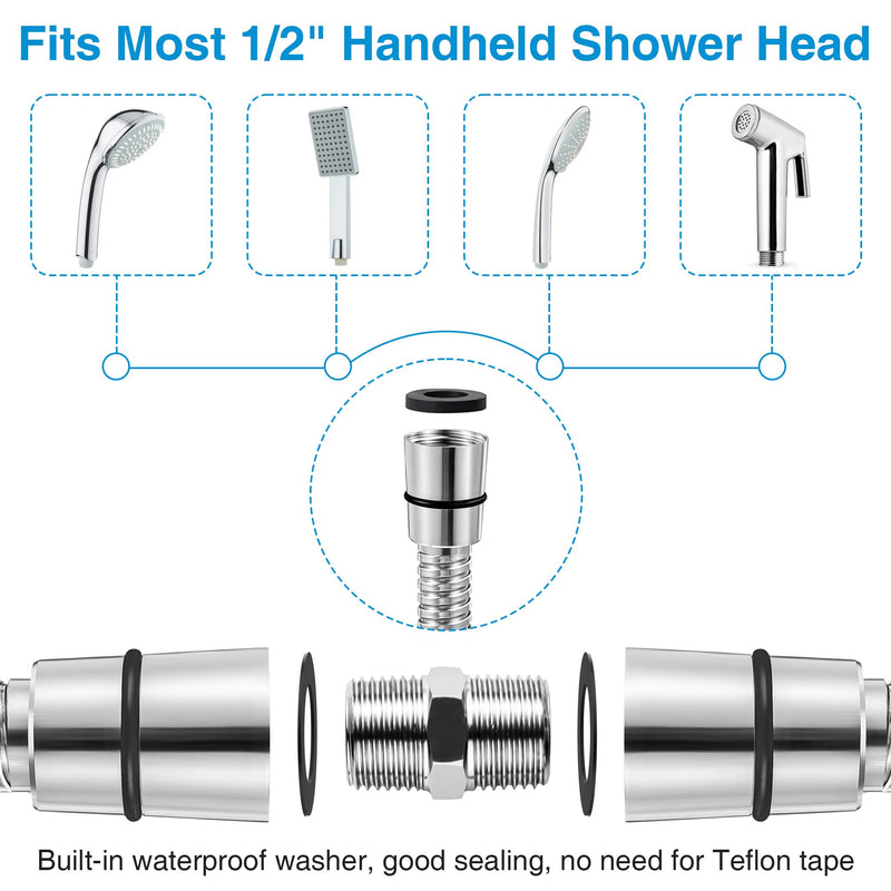 Dreyoo Shower Hose with Shower Hose Extension Connector, 39 Inch Handheld Shower Head Hose with Brass Insert and Nut, 1/2 to 1/2 Shower Hose Extender, Stainless Steel (Chrome) Chrome