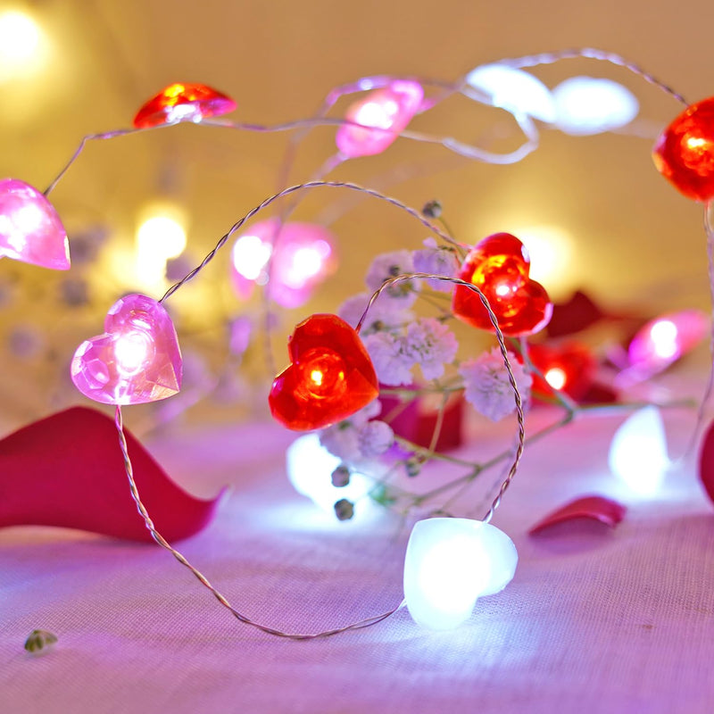 Valentines Day Decor 10 ft 40 LEDs Red White Pink Heart String Lights Battery Operated Garland Valentines Day Lights with Timer Valentines Day Decorations for The Home Indoor Mother's Day Red White and Pink