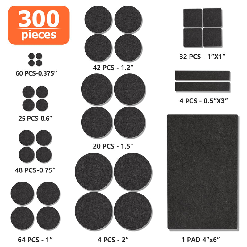 Felt Furniture Pads 300 Pieces, Furniture Pads for Hardwood Floors, Felt Pads for Chair Legs Furniture, Floor Protectors for Furniture Black 300pcs Black New