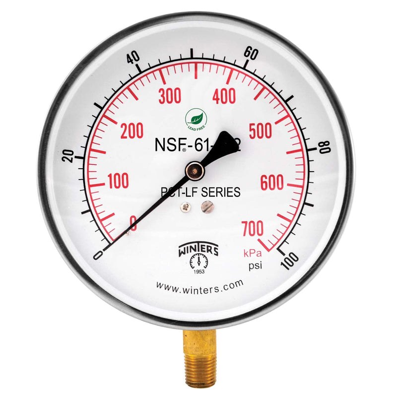 Winters PCT323LF PCT-LF Series Pressure Gauge, 4.5" Dial size, 1/4" NPT, 0/100 psi/kpa, ±1% accuracy