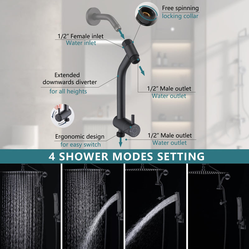 PDPBath Brass Shower Arm Diverter with Adhesive Handheld Holder for Easy Reach, Upgrade Low 3-Way Diverter with Pause Setting, G1/2 Universal Connection - Matte Black