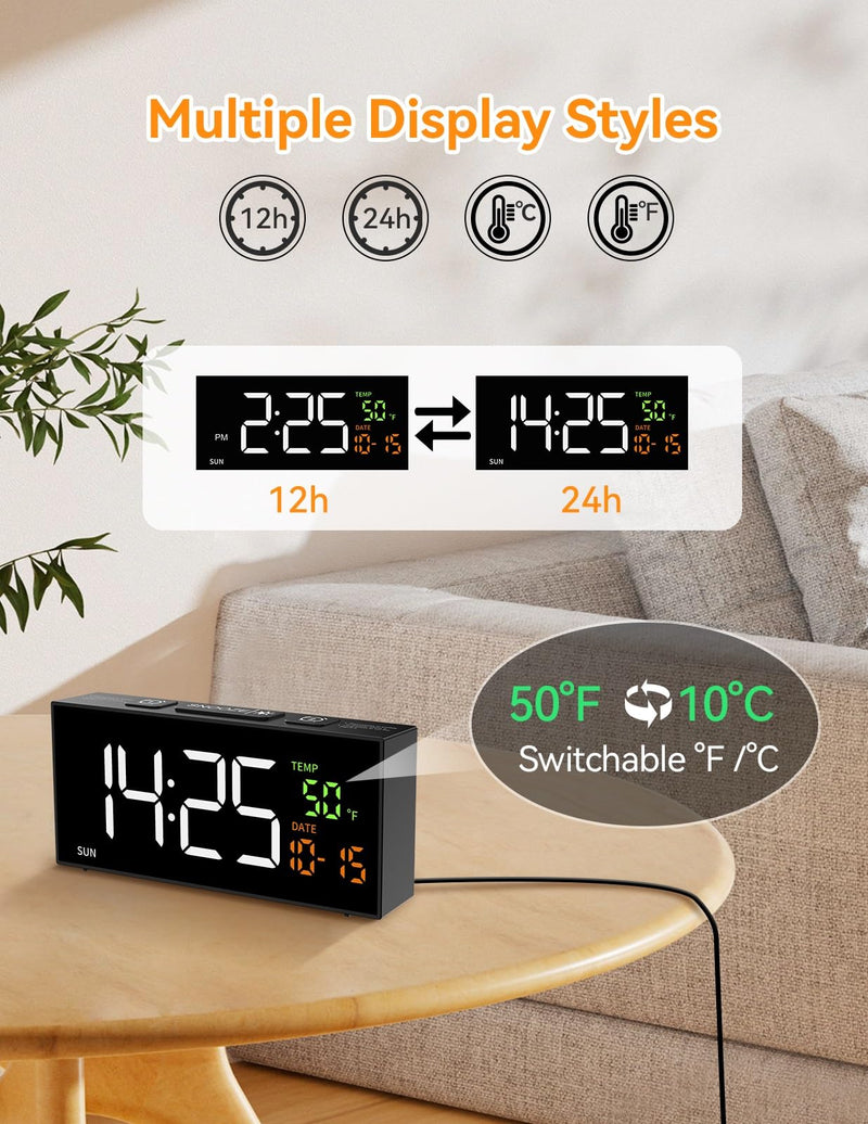 Netzu Alarm Clocks for Bedrooms, Digital Clock with Date Temperature and Weekday, Manual DST, Snooze, 2 Alarms, 4 Volumes for Living Room Home Bedside Desk (Black) Black
