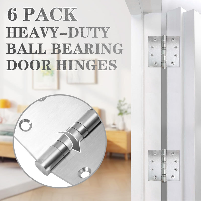 6Pcs Stainless Steel Silver Door Hinges, 4 x 4 Inch Door Hinge with Ball Bearing, Heavy Duty Door Hardware, Door Hinges with Square Corners 6 Pack