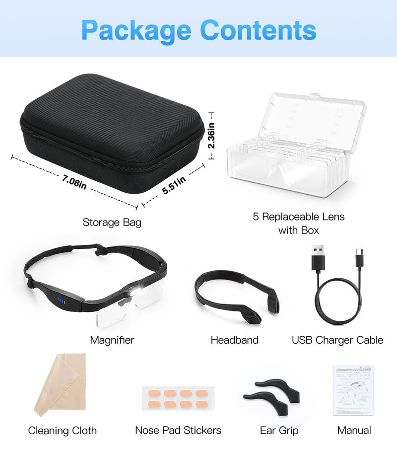 MoKo Magnifying Glass with Light, 1.0X to 4.0X Rechargeable Magnifier Headset, Hands Free Head Mount Magnifier with 5 Detachable Lenses, Magnifying Glasses for Close Work Hobbies Crafts Jewelry 1.0X-4.0X