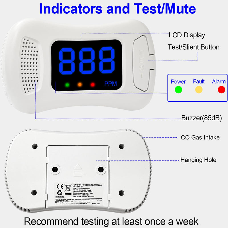 2 Packs Carbon Monoxide Detectors,CO Alarm Detector Monitor Battery Operated with PPM Value Display,Carbon Monoxide Alarm with Sound &Light Warning,Accurate & Easy to Read,for Home Kitchen Office