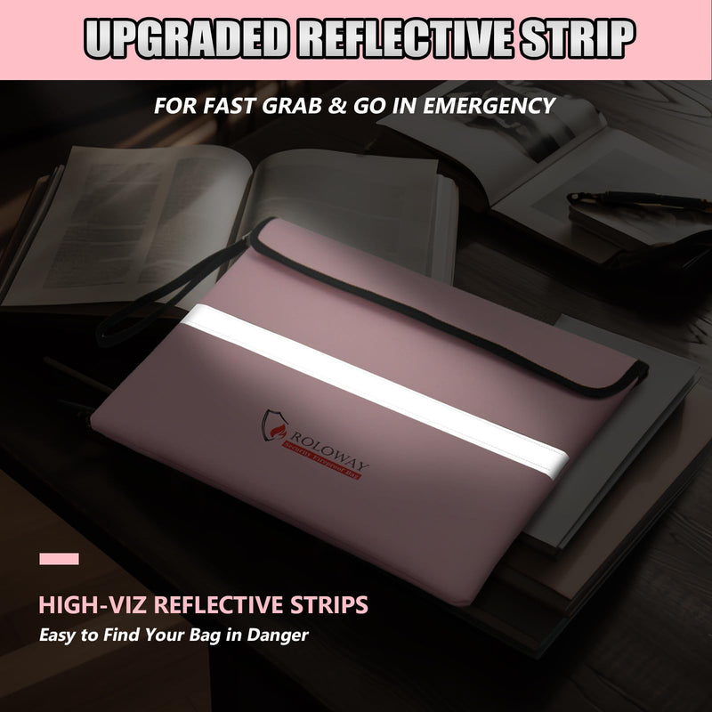 ROLOWAY Fireproof Document Bag (14 x 11 inch) with 5200℉ Upgraded Aluminum Foil Layer, Fireproof Bag for Documents with Reflective Strip and Zipper (Pink) 14 x 11 inch 5200℉ Pink