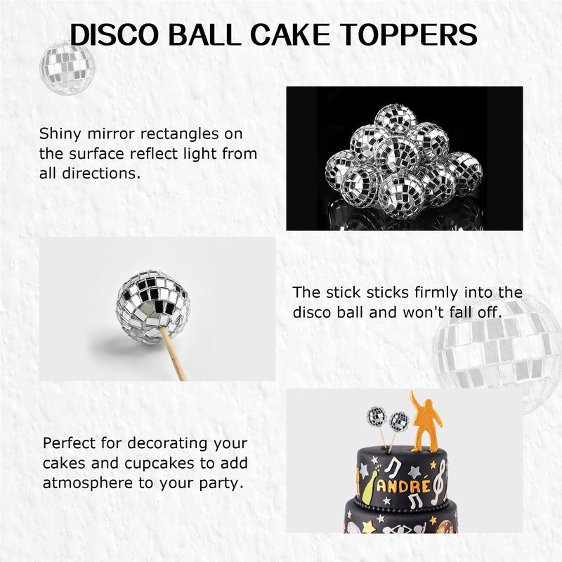 JOERSH 24pcs Disco Ball Cupcake Toppers - 1970s Disco Ball Picks Disco Theme Cake Decorations for Disco Theme Party 70s Disco Party Favor Silver