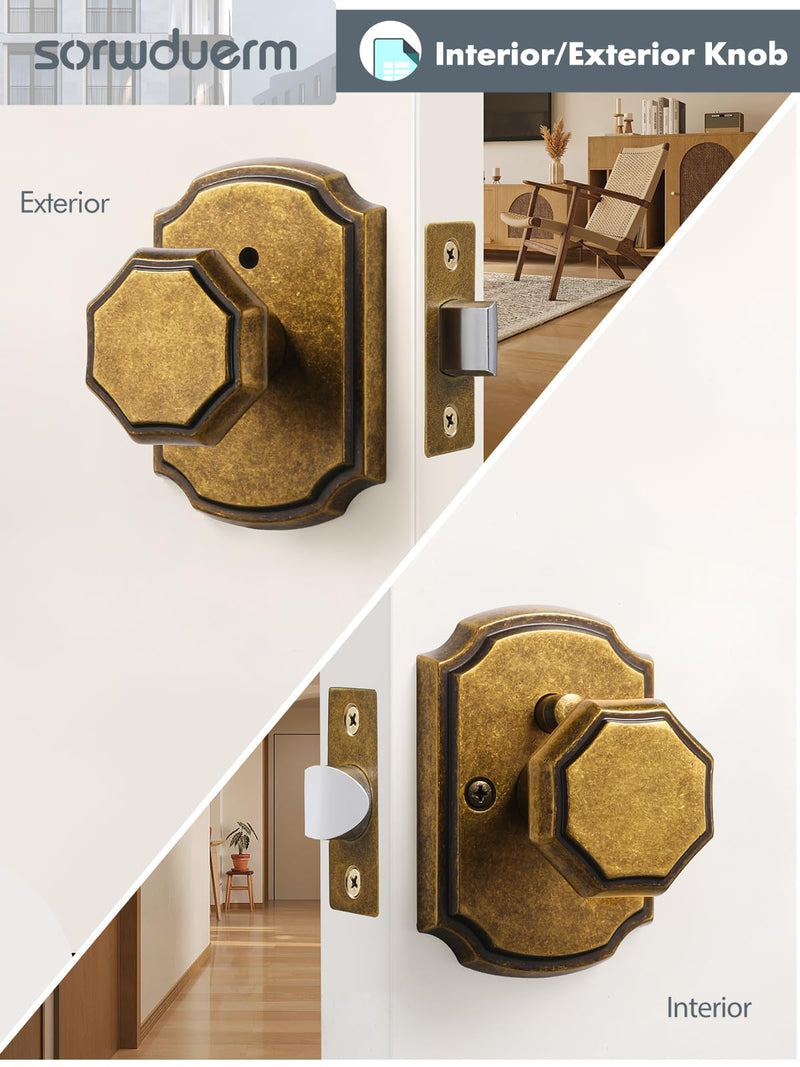 1 Pack Antique Brass Door Knobs Interior Privacy Door Knob with Lock for Bedroom and Bathroom,Zinc Alloy 1