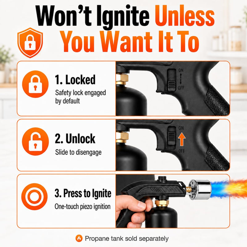 Powerful Propane Torch Gun with Adjustable Flame and Safety Lock, 2370°F High Heat Cooking Blow Torch for Charcoal Starter, BBQ, Sous Vide, Steak Searing and Campfire (Tank Not Included)