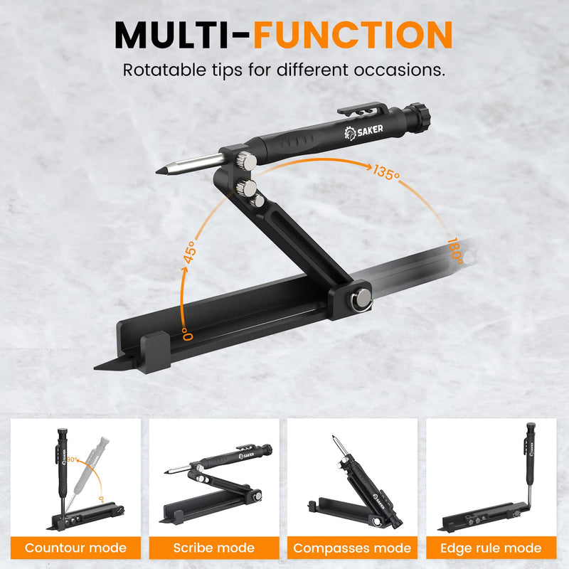 Saker Multi-function Scribing Tool- Construction Pencil- Aluminum Alloy Scribe Tool with Deep Hole Pencil,DIY Woodworking Scribe Gauge Scriber Line Maker Measuring Tool,Gifts For Men(BLACK)