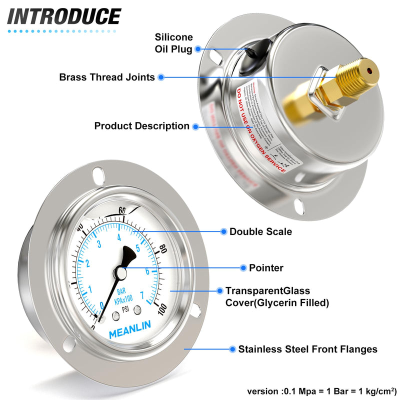 MEANLIN MEASURE 0~100Psi Liquid Filled Pressure Gauge Front Flange Panel Mount, 1/4" NPT 2.5" FACE DIAL Stainless Steel Case with Phillips Screw and Nut, +/-3-2-3% 0-100Psi