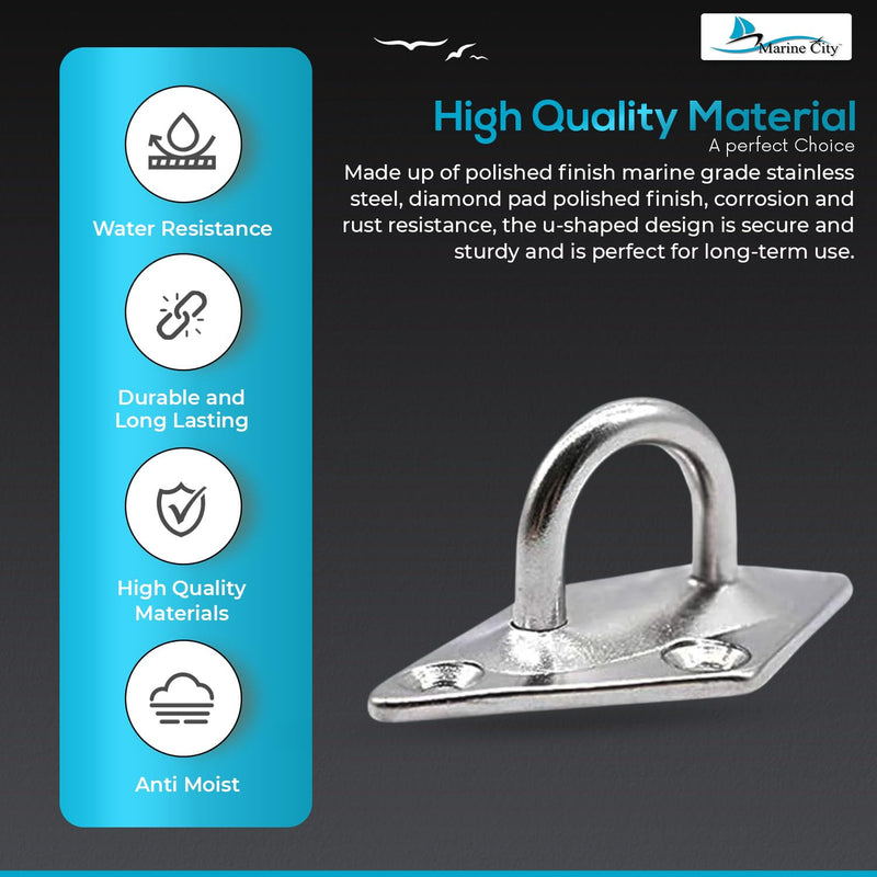 MARINE CITY U-Shaped Pad Eye, Polished Finish Stainless Steel, Durable, Corrosion-Resistant, Easy to Install for Marines, Boats, Ships, Kayaks, and Outdoor Use 2 PCS