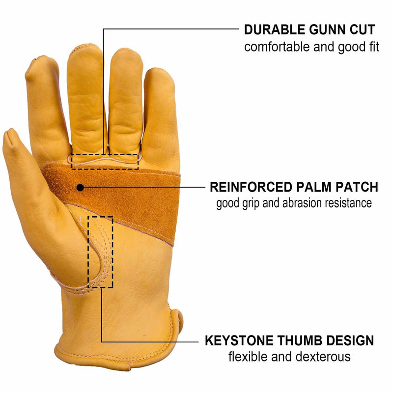 OZERO Leather Work Gloves for Men, Cowhide Gardening Gloves with Reinforced Palm, Flexible Keystone Thumb, Elastic Wrist Gold(3 Pairs) Medium (Pack of 3)